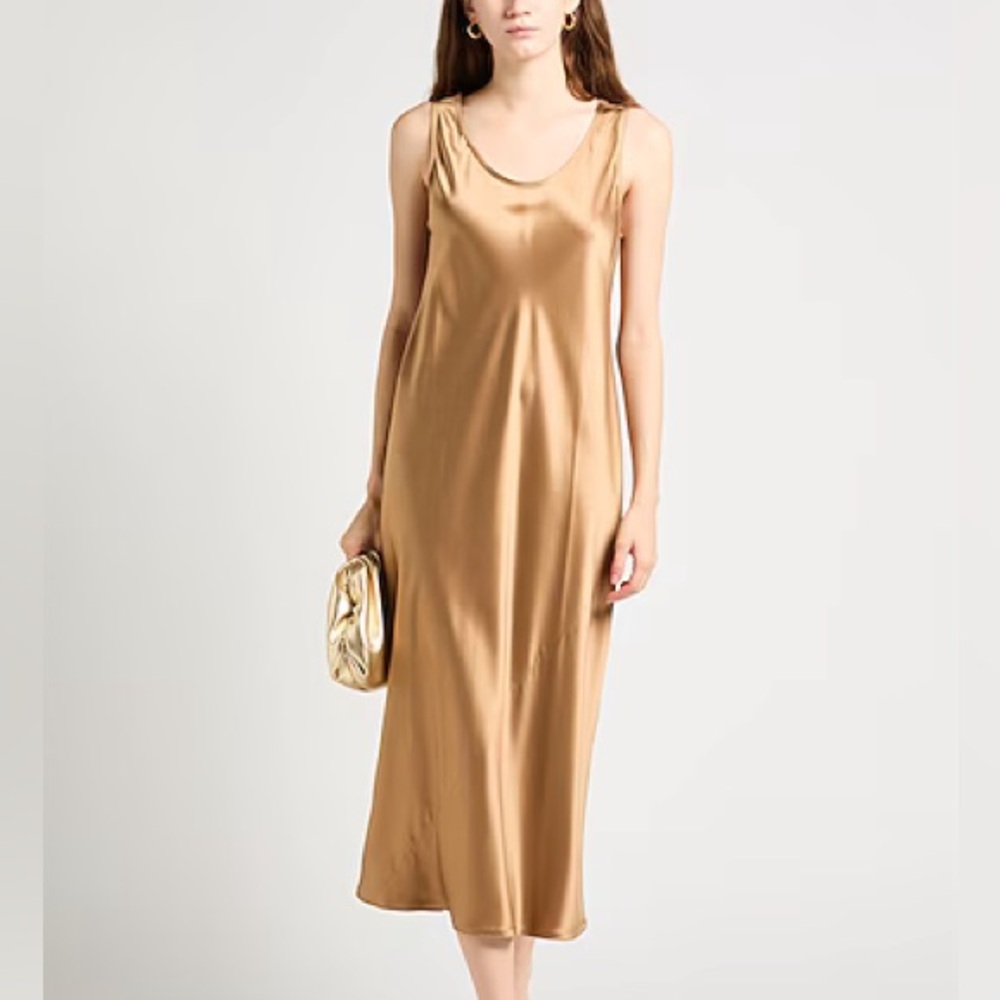 Max Mara Banjo 100% Silk Satin Midi Slip Dress Tan NWT 4